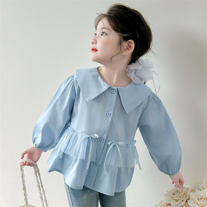 Kislányoknak szóló masnis hálószövetes felső, koreai stílus, négyszögletes gallér, hosszú ujjú, rácsos mintázat, 80% pamut