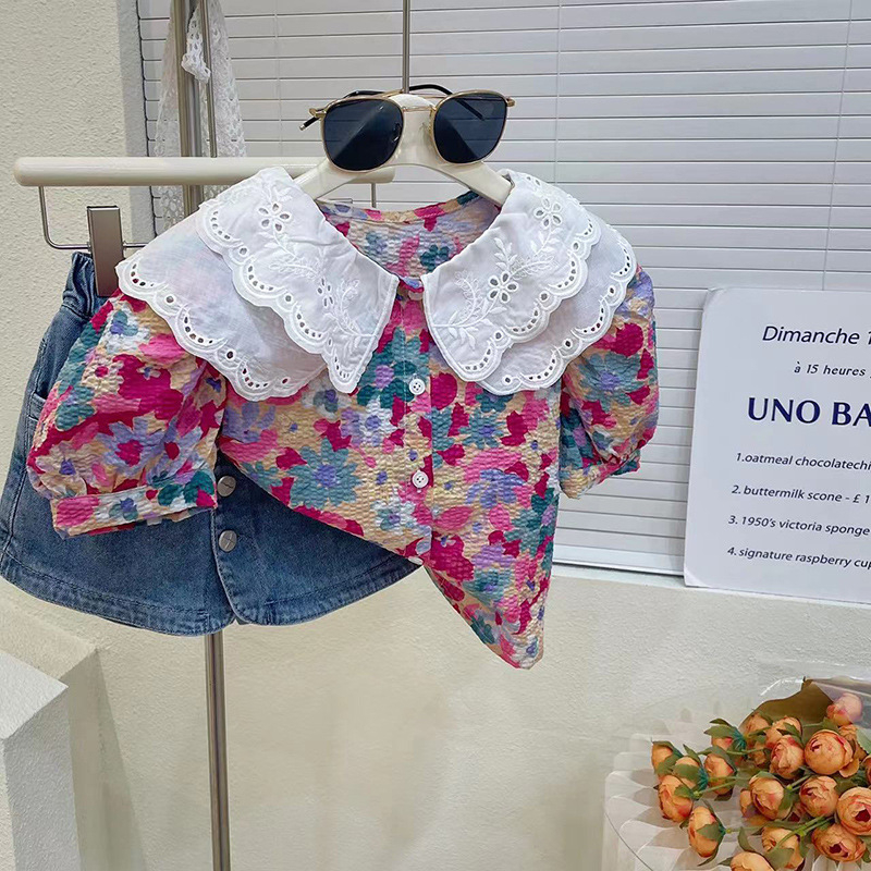 Két darabos gyermekruha: virágos gallérosing és denim culotte nadrág, koreai stílus