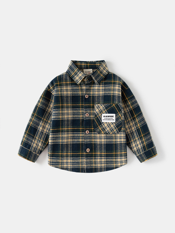 Fiúknak készült pamutból készült kefés ing, kockás mintával, hosszú ujjú, 3-8 éveseknek