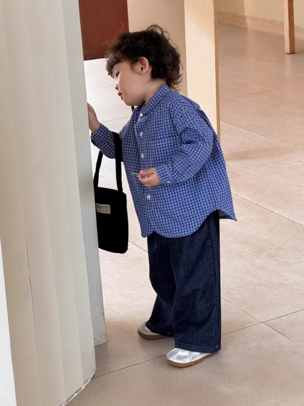 Cămașă de copii cu mâneci lungi, model carouri, stil japonez, bumbac 100%, pentru 1–3 ani