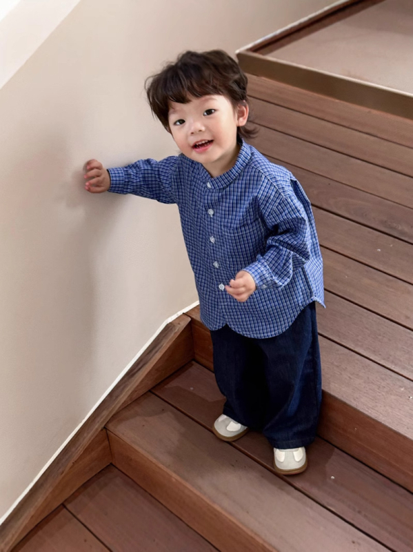 Cămașă de copii cu mâneci lungi, model carouri, stil japonez, bumbac 100%, pentru 1–3 ani