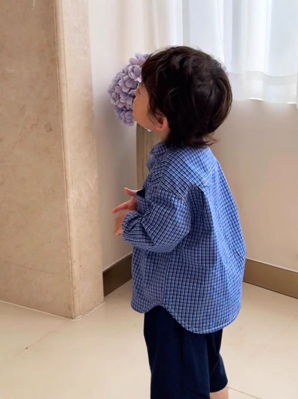 Cămașă de copii cu mâneci lungi, model carouri, stil japonez, bumbac 100%, pentru 1–3 ani