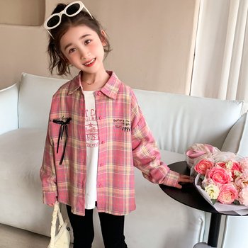 Djevojačka karirana košulja-jakna, korejski stil, rever ovratnik, dugi rukavi, 90% pamuka
