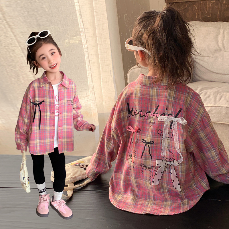 Djevojačka karirana košulja-jakna, korejski stil, rever ovratnik, dugi rukavi, 90% pamuka