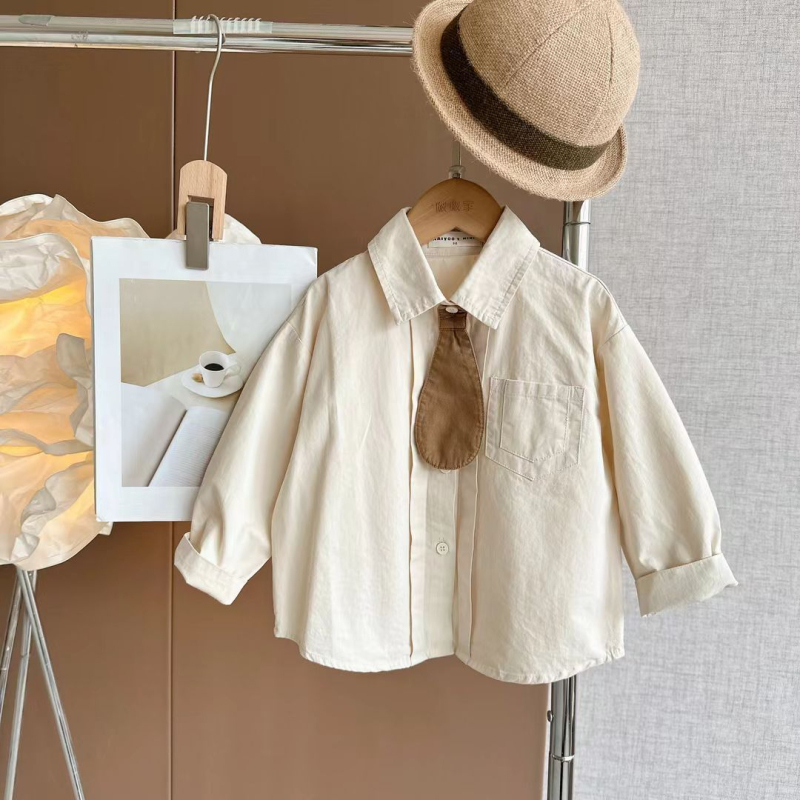 Cămașă pentru copii din amestec de bumbac - guler stand, mâneci lungi, tratament moale, stil lejer, 50% poliester