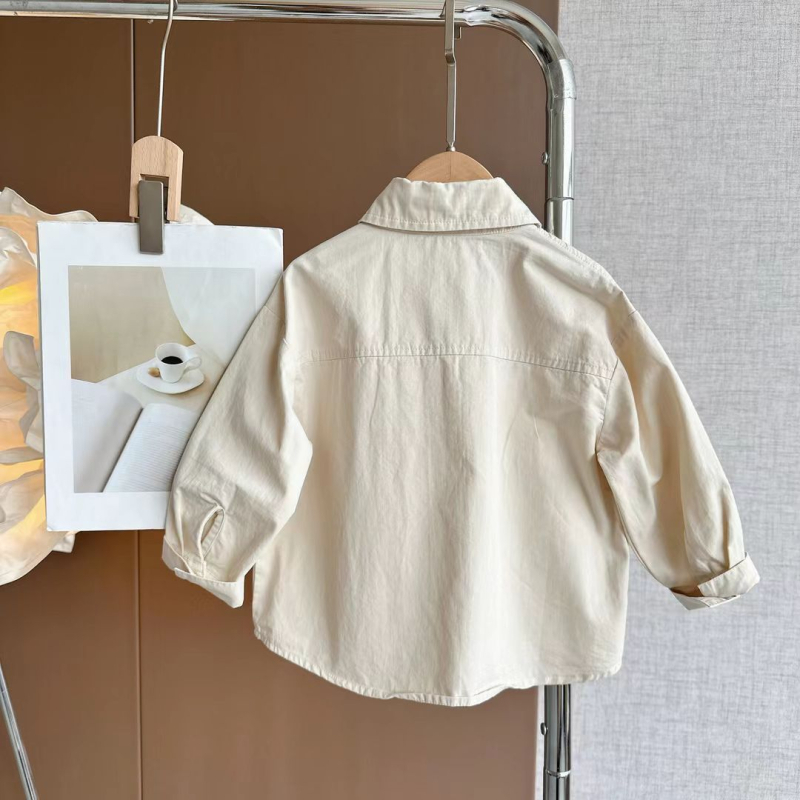 Cămașă pentru copii din amestec de bumbac - guler stand, mâneci lungi, tratament moale, stil lejer, 50% poliester