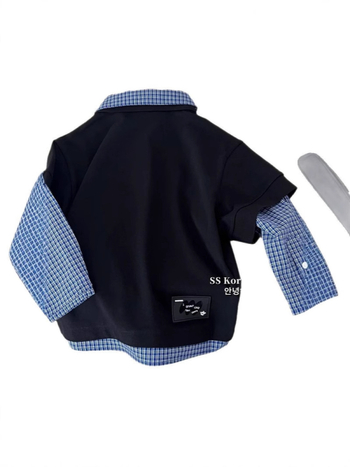 Dječja košulja, korejski stil, karirani uzorak, četvrtasti ovratnik, dugi rukavi, poliester tkanina