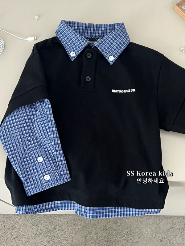Dječja košulja, korejski stil, karirani uzorak, četvrtasti ovratnik, dugi rukavi, poliester tkanina