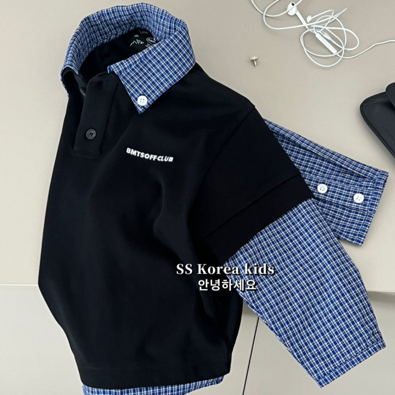 Dječja košulja, korejski stil, karirani uzorak, četvrtasti ovratnik, dugi rukavi, poliester tkanina