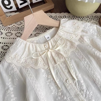 Csipkés gallérral, hosszú ujjú pamut felső, japán/koreai stílus