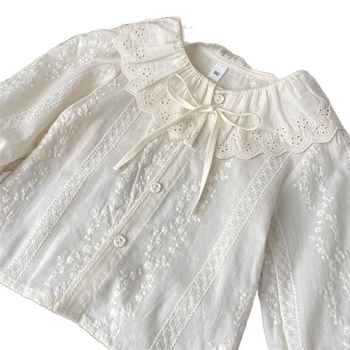 Csipkés gallérral, hosszú ujjú pamut felső, japán/koreai stílus