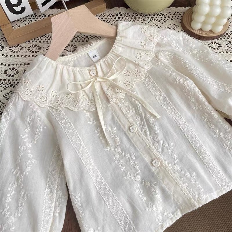 Csipkés gallérral, hosszú ujjú pamut felső, japán/koreai stílus