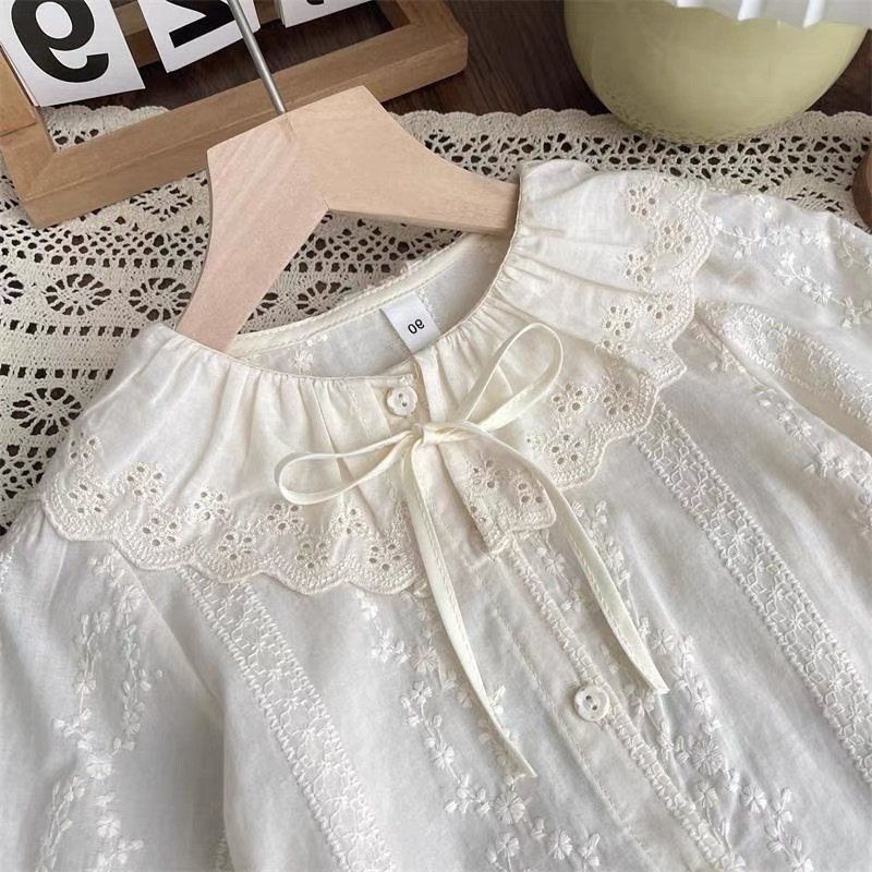 Csipkés gallérral, hosszú ujjú pamut felső, japán/koreai stílus