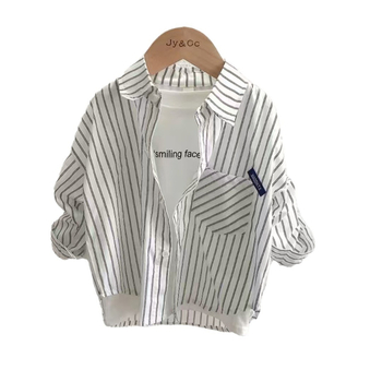 Gyerekeknek szóló ing, koreai stílusú csíkos, 95% pamut, hosszú ujjú