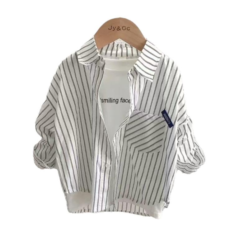 Gyerekeknek szóló ing, koreai stílusú csíkos, 95% pamut, hosszú ujjú