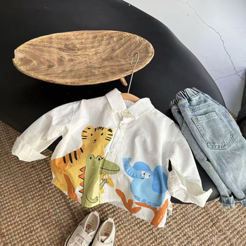 Gyerekeknek készült ing galléros, koreai stílusú, karikatúra nyomtatás, 95% pamut, hosszú ujjú, 1–3 éveseknek