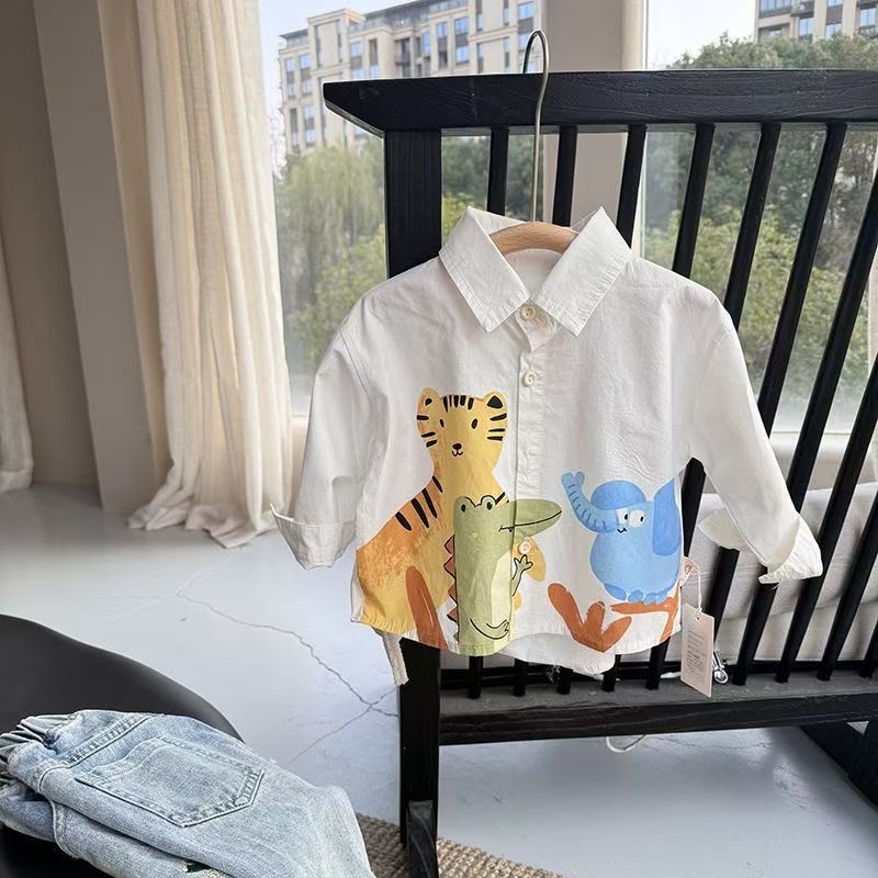 Gyerekeknek készült ing galléros, koreai stílusú, karikatúra nyomtatás, 95% pamut, hosszú ujjú, 1–3 éveseknek