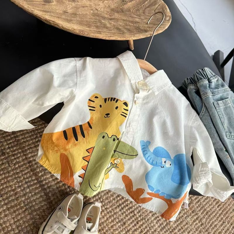 Gyerekeknek készült ing galléros, koreai stílusú, karikatúra nyomtatás, 95% pamut, hosszú ujjú, 1–3 éveseknek