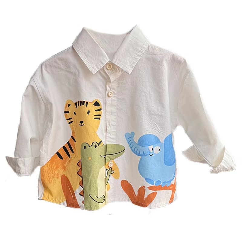 Gyerekeknek készült ing galléros, koreai stílusú, karikatúra nyomtatás, 95% pamut, hosszú ujjú, 1–3 éveseknek