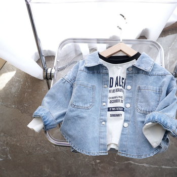 Gyerekeknek denim ing-dzseki, puha pamutból, hosszú ujjú, rever gallérral, egyszínű, őszre