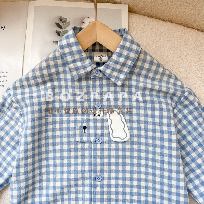 Dječja košulja za dječake, korejski stil, karirani uzorak, motiv psa, ovratnik tipa lapel, dugi rukavi, jesen