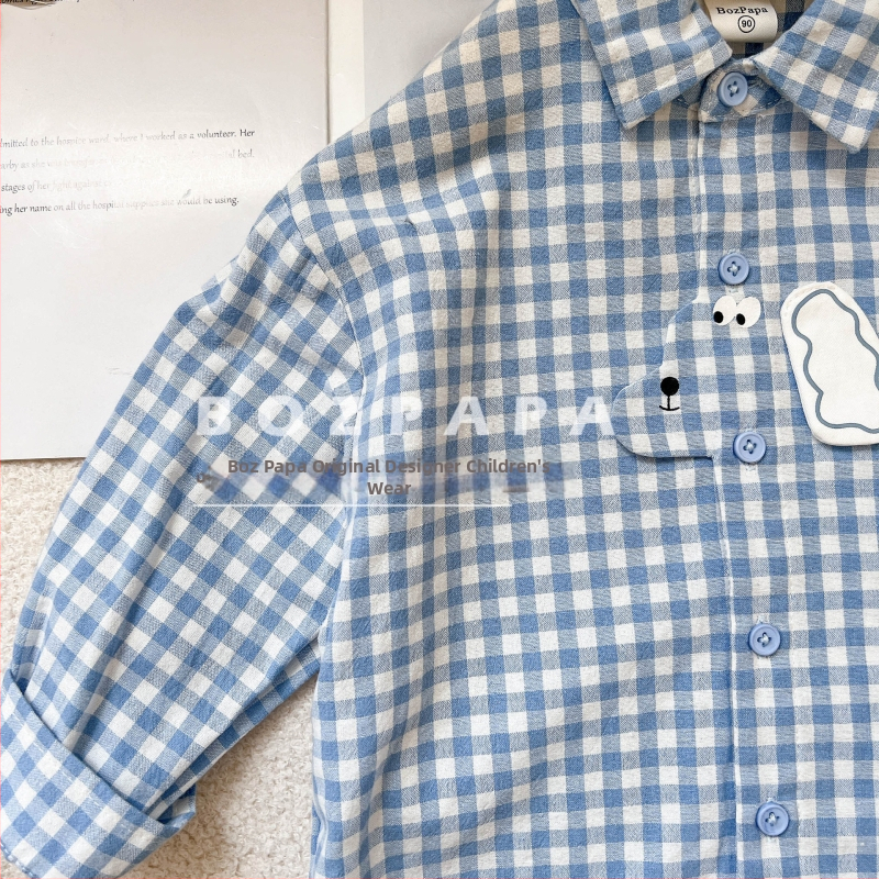 Dječja košulja za dječake, korejski stil, karirani uzorak, motiv psa, ovratnik tipa lapel, dugi rukavi, jesen