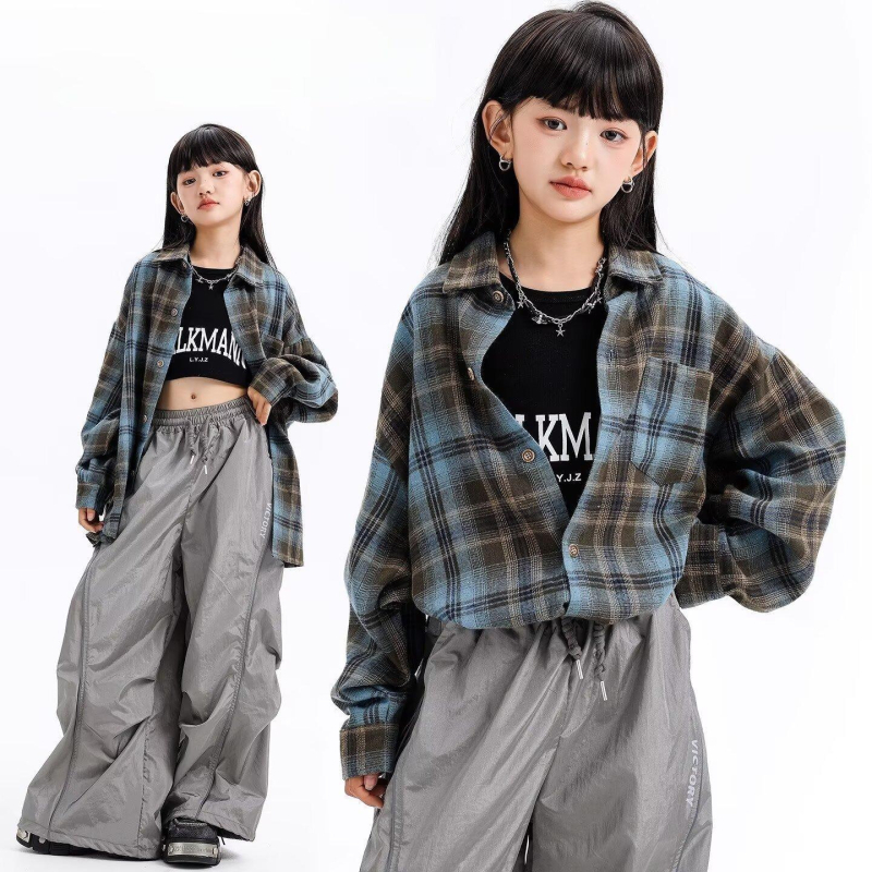 Unisex dječja košulja s dugim rukavima u retro karu, Lolita stil, brushed poliester, za uzrast 8+ godina