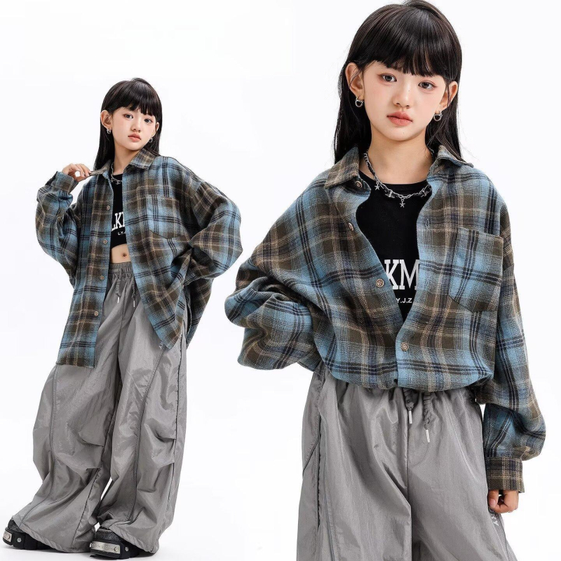 Unisex dječja košulja s dugim rukavima u retro karu, Lolita stil, brushed poliester, za uzrast 8+ godina
