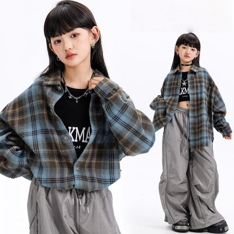 Unisex dječja košulja s dugim rukavima u retro karu, Lolita stil, brushed poliester, za uzrast 8+ godina