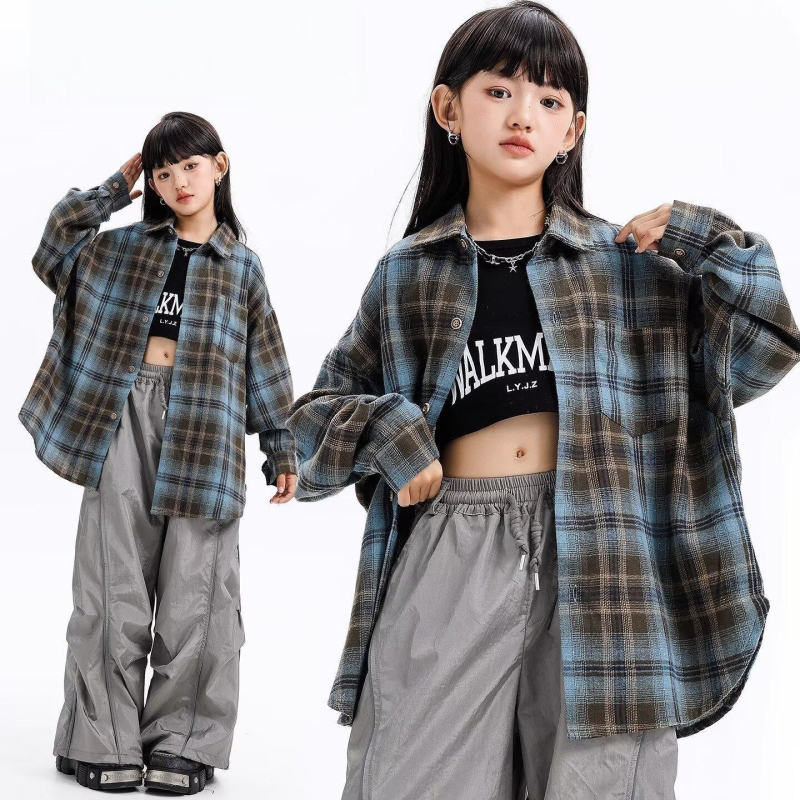 Unisex dječja košulja s dugim rukavima u retro karu, Lolita stil, brushed poliester, za uzrast 8+ godina