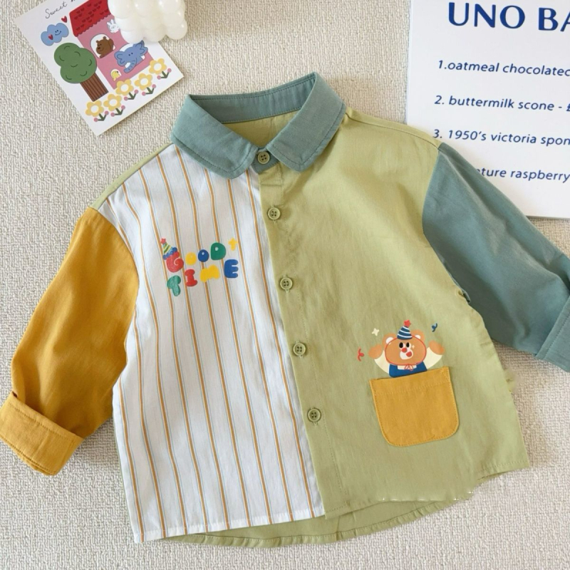 Unisex dječja košulja s ovratnikom lapel, dugi rukav, pamuk (81–90% pamuk), 3–8 godina, korejski stil