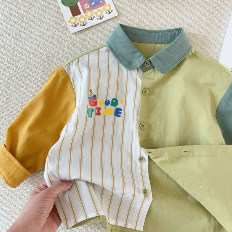 Unisex dječja košulja s ovratnikom lapel, dugi rukav, pamuk (81–90% pamuk), 3–8 godina, korejski stil