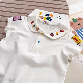 Gyerekeknek készült rövid ujjú ing japán stílusban, karikatúra minta, környakú gallér, 90% pamut, lágyított anyag, uniszex, 3–8 évesek, tavasz-ősz