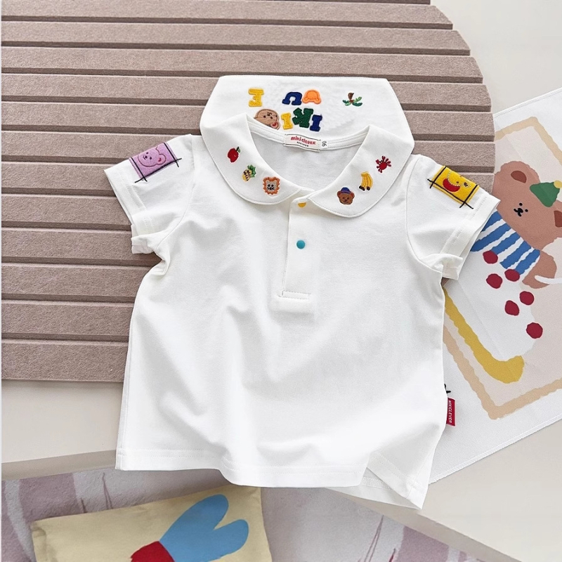 Gyerekeknek készült rövid ujjú ing japán stílusban, karikatúra minta, környakú gallér, 90% pamut, lágyított anyag, uniszex, 3–8 évesek, tavasz-ősz