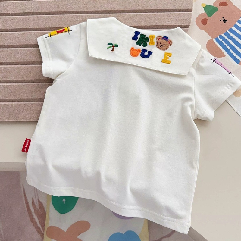 Gyerekeknek készült rövid ujjú ing japán stílusban, karikatúra minta, környakú gallér, 90% pamut, lágyított anyag, uniszex, 3–8 évesek, tavasz-ősz