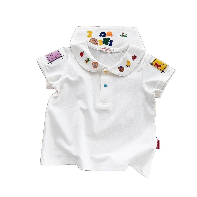 Gyerekeknek készült rövid ujjú ing japán stílusban, karikatúra minta, környakú gallér, 90% pamut, lágyított anyag, uniszex, 3–8 évesek, tavasz-ősz