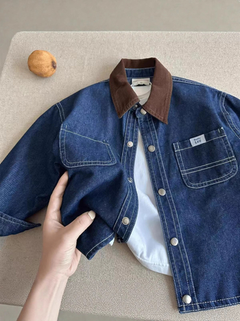 Gyerekeknek szóló farmering denim ing japán stílusban, color-block, Turn-Down gallér, 41–60% pamut, enzimes mosás, tavasz–ősz