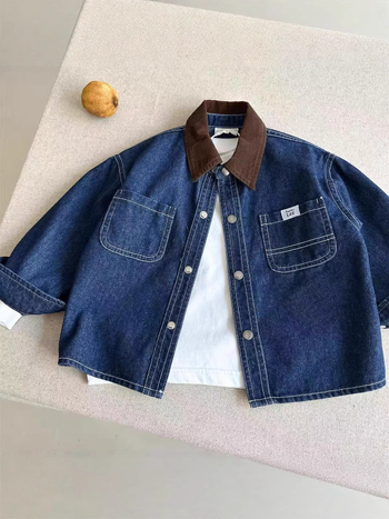 Gyerekeknek szóló farmering denim ing japán stílusban, color-block, Turn-Down gallér, 41–60% pamut, enzimes mosás, tavasz–ősz