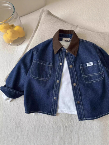 Gyerekeknek szóló farmering denim ing japán stílusban, color-block, Turn-Down gallér, 41–60% pamut, enzimes mosás, tavasz–ősz