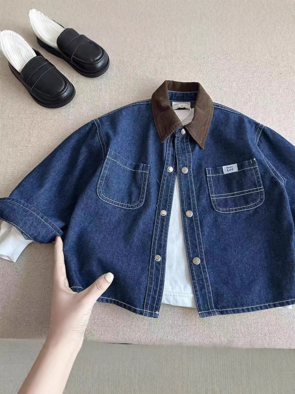 Gyerekeknek szóló farmering denim ing japán stílusban, color-block, Turn-Down gallér, 41–60% pamut, enzimes mosás, tavasz–ősz