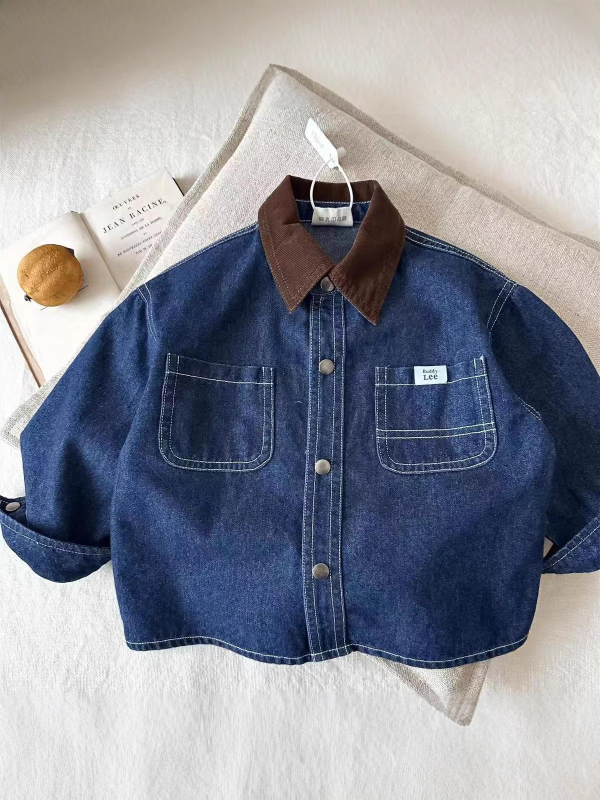 Gyerekeknek szóló farmering denim ing japán stílusban, color-block, Turn-Down gallér, 41–60% pamut, enzimes mosás, tavasz–ősz