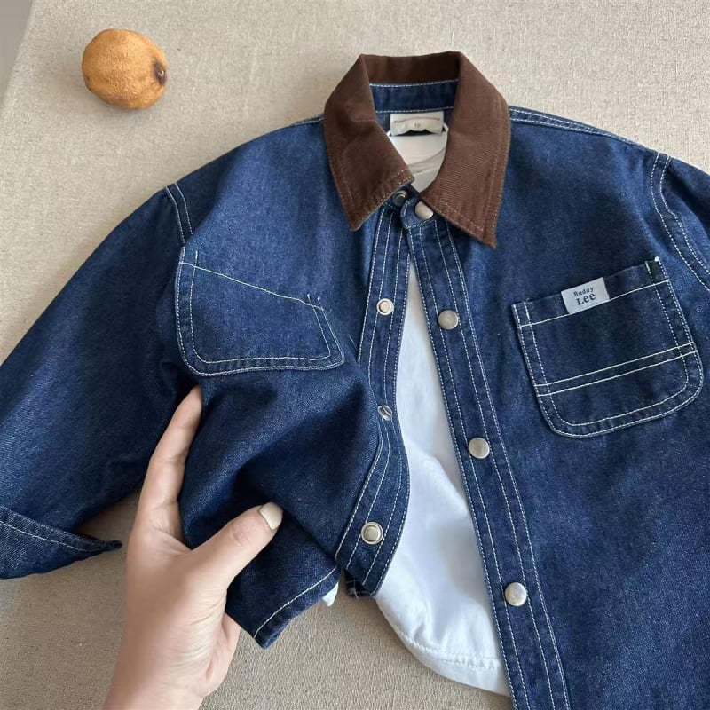 Gyerekeknek szóló farmering denim ing japán stílusban, color-block, Turn-Down gallér, 41–60% pamut, enzimes mosás, tavasz–ősz