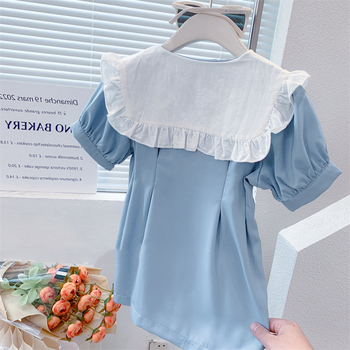 Dječja haljina u korejskom stilu s vezicom, kratki rukav, srednje duljine shirt dress, jednostavna boja, poliester-pamučna podstava, ljeto 2025, uzrast 3–8 godina