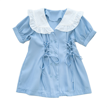 Dječja haljina u korejskom stilu s vezicom, kratki rukav, srednje duljine shirt dress, jednostavna boja, poliester-pamučna podstava, ljeto 2025, uzrast 3–8 godina