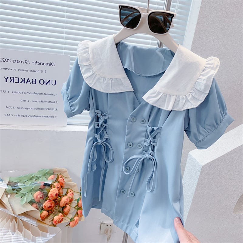 Dječja haljina u korejskom stilu s vezicom, kratki rukav, srednje duljine shirt dress, jednostavna boja, poliester-pamučna podstava, ljeto 2025, uzrast 3–8 godina