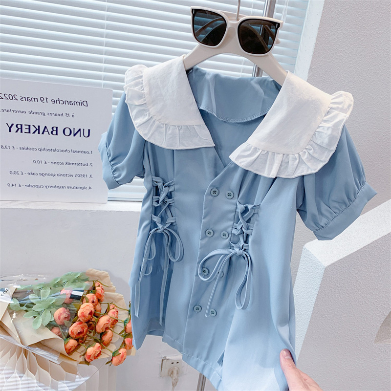 Dječja haljina u korejskom stilu s vezicom, kratki rukav, srednje duljine shirt dress, jednostavna boja, poliester-pamučna podstava, ljeto 2025, uzrast 3–8 godina