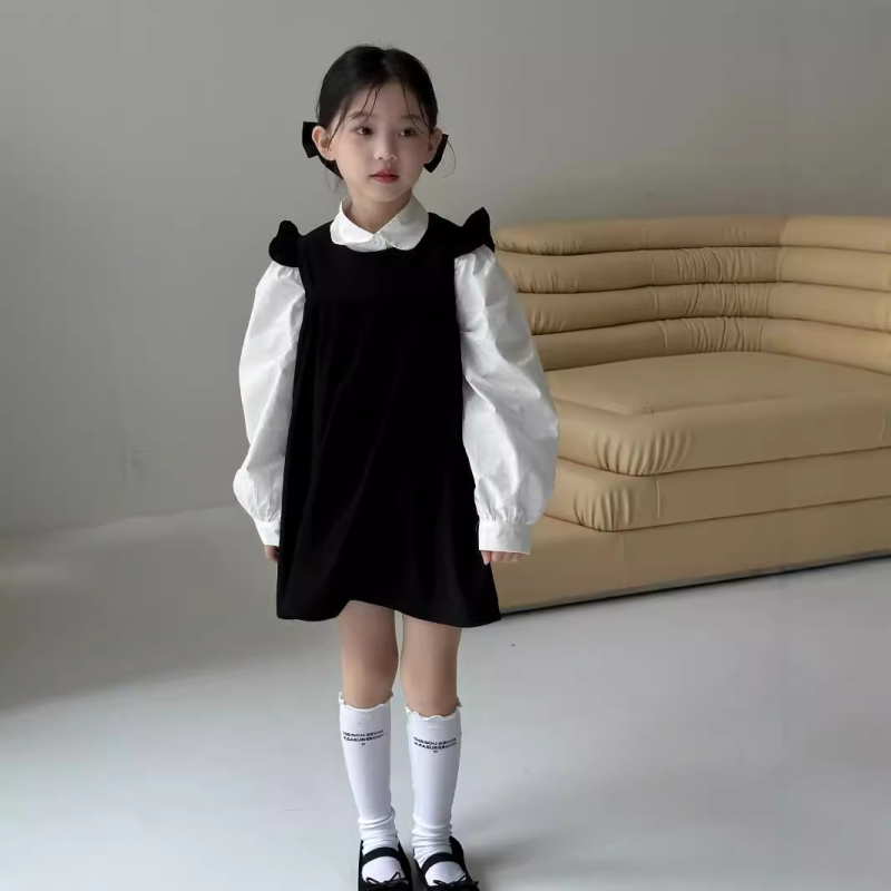 Korejski stil za djevojčice — jesenski dvodjelni set: pamukasta košulja s dugim rukavima i A-linijska pinafore haljina za uzrast 3–8 godina