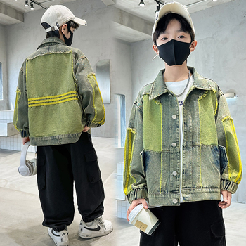 Jachetă din denim pentru băieți, stil coreean, primăvara 2025, închidere cu un singur rând, model cu litere, țesătură denim 60%