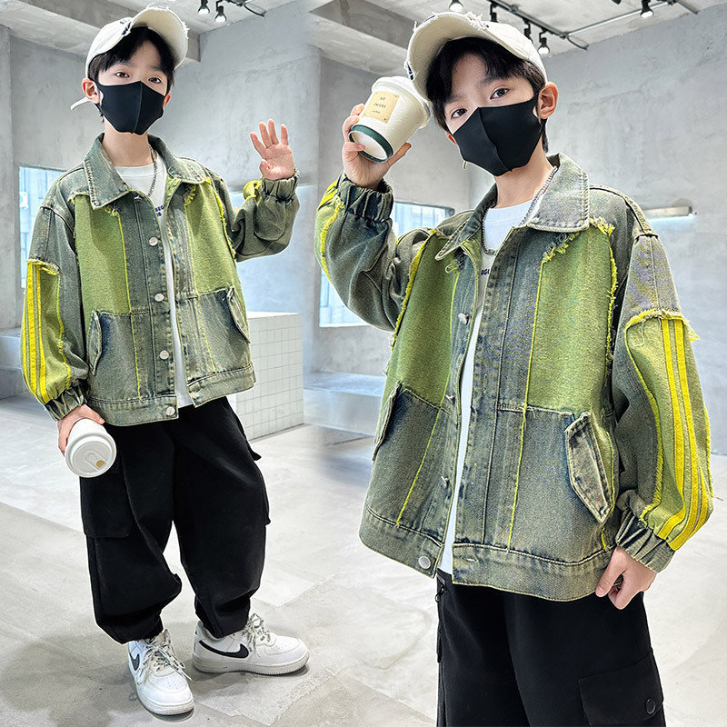 Jachetă din denim pentru băieți, stil coreean, primăvara 2025, închidere cu un singur rând, model cu litere, țesătură denim 60%