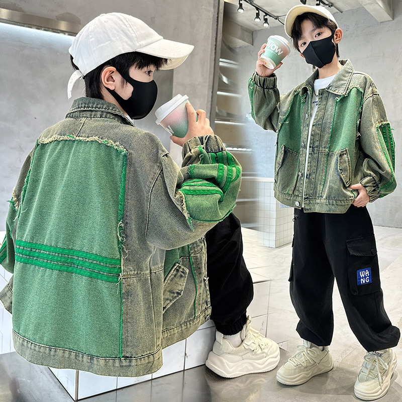 Jachetă din denim pentru băieți, stil coreean, primăvara 2025, închidere cu un singur rând, model cu litere, țesătură denim 60%